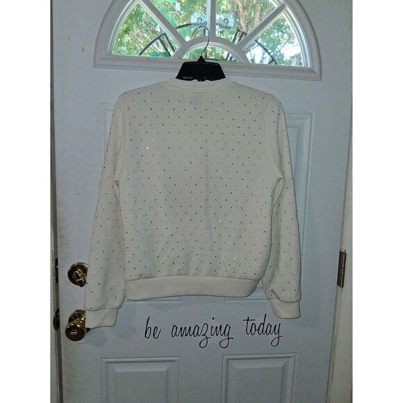 Elie Tahari Ecru Sweater Sweatshirt Embellished Silver Rhinestones S/P - Picture 3 of 6